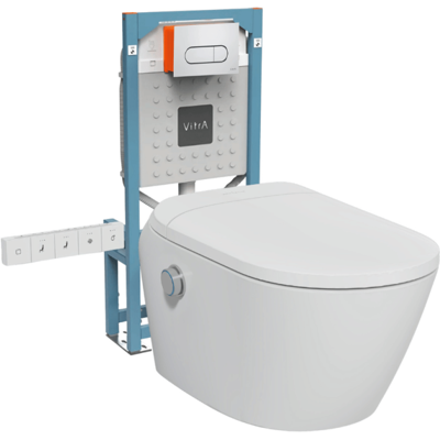 Conjunto De Inodoro Suspendido Sin Borde Con Sistema De Bidé Integrado, Asiento Y Conexiones Eléctricas, Vitra V-care Ultra Blanco + Marco Autoportante V-fix Easy + Placa De Descarga Cromada Conjunto De Inodoro Suspendido Sin Borde Con Sistema De Bidé Integrado, Asiento Y Conexiones Eléctricas, Vitra V-care Ultra Blanco + Marco Autoportante V-fix Easy + Placa De Descarga Cromada