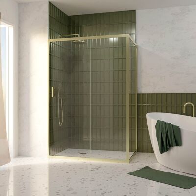 Pack Mampara de Ducha 140x200cm con Panel Fijo 90cm - Oro Cepillado Pack Mampara de Ducha 140x200cm con Panel Fijo 90cm - Oro Cepillado