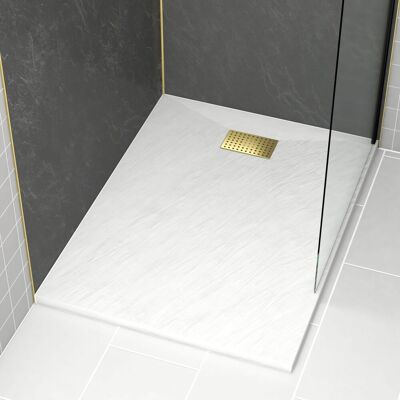 AURLANE Plato Ducha Blanco Efecto Piedra 90x120cm Y Rejilla Patrón Perforado Oro AURLANE Plato Ducha Blanco Efecto Piedra 90x120cm Y Rejilla Patrón Perforado Oro