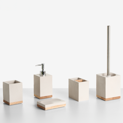 BELIANI Conjunto De 5 Accesorios De Baño Jabonera Dispensador De Jabón Escobilla De Inodoro Vaso Soporte Para Cepillos De Dientes Beige Tapiche BELIANI Conjunto De 5 Accesorios De Baño Jabonera Dispensador De Jabón Escobilla De Inodoro Vaso Soporte Para Cepillos De Dientes Beige Tapiche