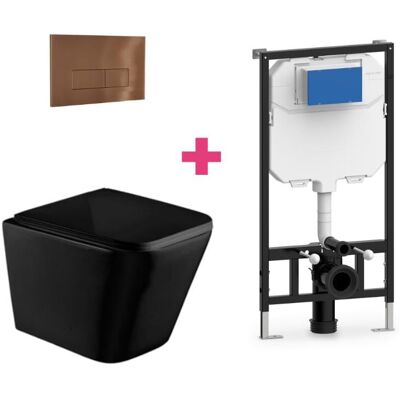 AQUORE Pack Inodoro Suspendido Cerámica Pisa Negro Mate Con Cisterna Y Pulsador Cobre Rectangular AQUORE Pack Inodoro Suspendido Cerámica Pisa Negro Mate Con Cisterna Y Pulsador Cobre Rectangular
