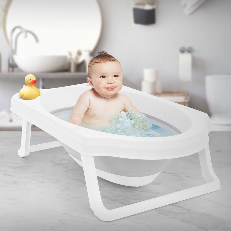 ECD GERMANY Bañera de Bebé Plegable Antideslizante con patas Capacidad 33L 80 x 46 cm Blanco y Gris muy Estable Portátil Baño de Viaje con Drenaje para Recién