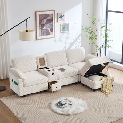 DREAMMESPACE Sofá Esquinero De 3-4 Plazas - 266 X 136 X 82 Cm - Consola Central Extraíble, Puerto Usb-c, Bolsillo Lateral - En Pana Beige DREAMMESPACE Sofá Esquinero De 3-4 Plazas - 266 X 136 X 82 Cm - Consola Central Extraíble, Puerto Usb-c, Bolsillo Lateral - En Pana Beige