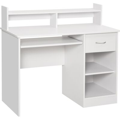 IROVAMI Escritorio Compacto Para Ordenador, Escritorio Fijo De Madera Blanca Con Bandeja Extensible Para Teclado Y Estante, 104 X 48 X 95,5 Cm IROVAMI Escritorio Compacto Para Ordenador, Escritorio Fijo De Madera Blanca Con Bandeja Extensible Para Teclado Y Estante, 104 X 48 X 95,5 Cm