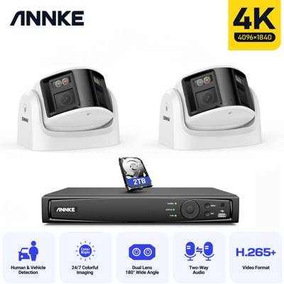 2pcs 8mp Kit De Cámara De Seguridad Panorámica 180° Lente Dual Audio Bidireccional, Sistema De Vigilancia De Seguridad,2tb Hdd - Annke 2pcs 8mp Kit De Cámara De Seguridad Panorámica 180° Lente Dual Audio Bidireccional, Sistema De Vigilancia De Seguridad,2tb Hdd - Annke