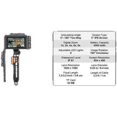 OEM Cámara De Inspección, Articulada A 180°, Pantalla Hd 1080p, 4,3 Pulgadas OEM Cámara De Inspección, Articulada A 180°, Pantalla Hd 1080p, 4,3 Pulgadas