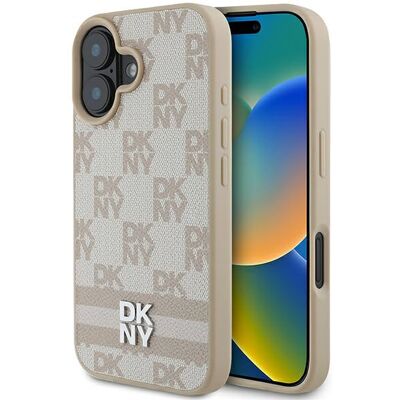 Funda rosa DKNY para iPhone 16 con patrón a cuadros y rayas Funda rosa DKNY para iPhone 16 con patrón a cuadros y rayas