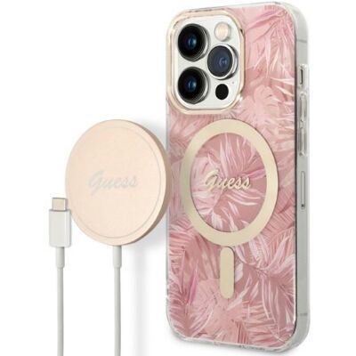 Funda y cargador MagSafe rosa Guess para iPhone 14 Pro - Colección Jungle Funda y cargador MagSafe rosa Guess para iPhone 14 Pro - Colección Jungle