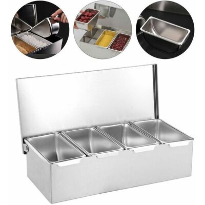 XISRENS Recipiente De Acero Inoxidable De 4 Compartimentos Para Ingredientes, Guarniciones, Especias Y Frutas, Color Plata. XISRENS Recipiente De Acero Inoxidable De 4 Compartimentos Para Ingredientes, Guarniciones, Especias Y Frutas, Color Plata.