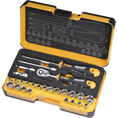 Felo 5782706 - Juego Con Carraca Ergonic Y Vasos Métrica Y Pulgadas Felo R-go 27 Felo 5782706 - Juego Con Carraca Ergonic Y Vasos Métrica Y Pulgadas Felo R-go 27