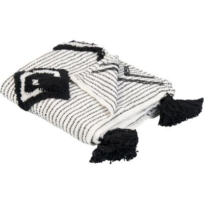 Beliani - Manta Blanco Negro 130 X 150 Cm Poliéster Pet Hecho A Mano Borlas Saatli Beliani - Manta Blanco Negro 130 X 150 Cm Poliéster Pet Hecho A Mano Borlas Saatli