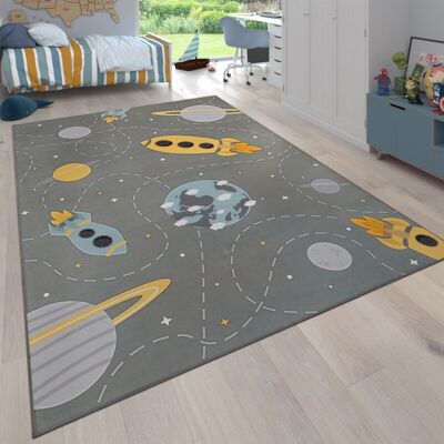 Paco Home - Alfombra Bebe Infantil Antideslizante Estrellas Planeta Cohete Gris Azul Amarillo Ø 160 Cm Redon Paco Home - Alfombra Bebe Infantil Antideslizante Estrellas Planeta Cohete Gris Azul Amarillo Ø 160 Cm Redon