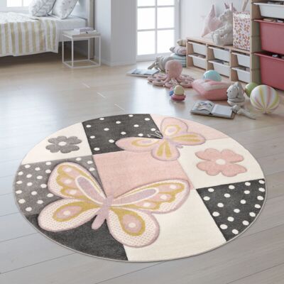 Paco Home Alfombra Infantil Pastel Mariposas Motivo Cuadros Lunares Flores Colorida Ø 160 Cm Redondo Paco Home Alfombra Infantil Pastel Mariposas Motivo Cuadros Lunares Flores Colorida Ø 160 Cm Redondo