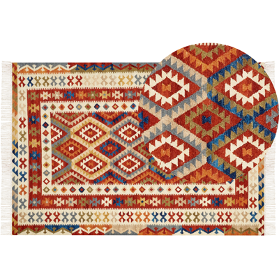 BELIANI Alfombra Kilim De Lana Multicolor 160 X 230 Cm A Mano Geométrico Borlas Oshakan BELIANI Alfombra Kilim De Lana Multicolor 160 X 230 Cm A Mano Geométrico Borlas Oshakan