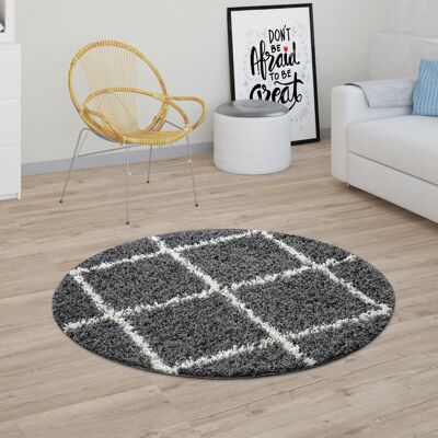 Paco Home - Alfombra Pelo Largo Shaggy Para Salón Diseño Escandinavo Rombos En Gris Oscuro Ø 200 Cm Redondo Paco Home - Alfombra Pelo Largo Shaggy Para Salón Diseño Escandinavo Rombos En Gris Oscuro Ø 200 Cm Redondo