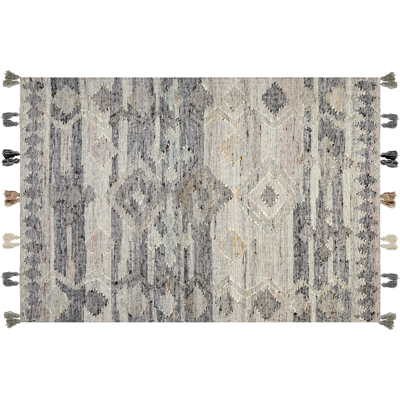 Alfombra kilim de lana gris de Beliani - Patrón patchwork geométrico Alfombra kilim de lana gris de Beliani - Patrón patchwork geométrico