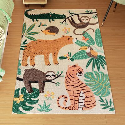 JHY DESIGN Alfombra De Forro Polar Con Estampado De Selva, Fácil De Cuidar, Color Blanco Crema + Multicolor. JHY DESIGN Alfombra De Forro Polar Con Estampado De Selva, Fácil De Cuidar, Color Blanco Crema + Multicolor.
