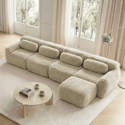 DREAMMESPACE Sofá Esquinero En L De 4 Plazas - 378 X 179 X 73 Cm - Sofá Modular Xl De Tejido Felpudo Con Otomana - Caqui Claro DREAMMESPACE Sofá Esquinero En L De 4 Plazas - 378 X 179 X 73 Cm - Sofá Modular Xl De Tejido Felpudo Con Otomana - Caqui Claro