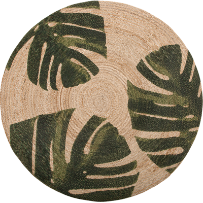 Alfombra redonda de yute Beliani con patrón de hoja de monstera 140 cm Beige y Verde - Alfombra Alfombra redonda de yute Beliani con patrón de hoja de monstera 140 cm Beige y Verde - Alfombra