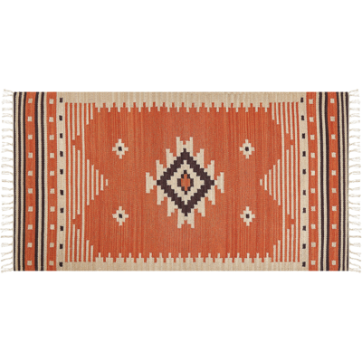 BELIANI Alfombra Kilim De Algodón Naranja Beige Marrón 80 X 150 Cm Geométrico Borlas Gavar BELIANI Alfombra Kilim De Algodón Naranja Beige Marrón 80 X 150 Cm Geométrico Borlas Gavar