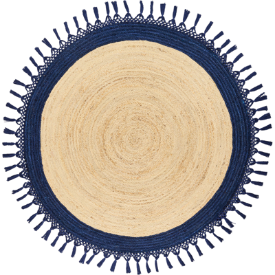 Beliani - Alfombra boho redonda de yute 140 cm - Natural y azul oscuro Beliani - Alfombra boho redonda de yute 140 cm - Natural y azul oscuro