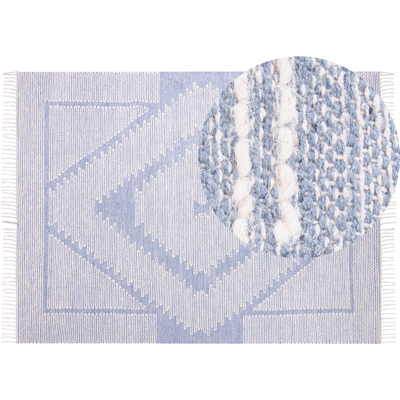 Alfombra Beliani Blanco y Azul en Algodón y Lana 160 x 230 cm Patrón Geométrico Tribal Borlas - Alfombra Alfombra Beliani Blanco y Azul en Algodón y Lana 160 x 230 cm Patrón Geométrico Tribal Borlas - Alfombra