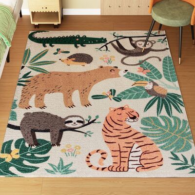 JHY DESIGN Alfombra De Forro Polar Con Estampado De Selva, Fácil De Cuidar, Color Blanco Crema + Multicolor. JHY DESIGN Alfombra De Forro Polar Con Estampado De Selva, Fácil De Cuidar, Color Blanco Crema + Multicolor.