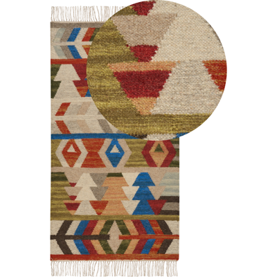 BELIANI Alfombra Kilim De Lana Rojo Azul Verde 80 X 150 Cm A Mano Geométrico Borlas Kaghsi BELIANI Alfombra Kilim De Lana Rojo Azul Verde 80 X 150 Cm A Mano Geométrico Borlas Kaghsi