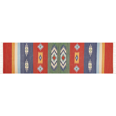 BELIANI Alfombra Kilim De Algodón Rojo Azul Verde Amarillo 80 X 300 Cm A Mano Geométrico Borlas Kamaris BELIANI Alfombra Kilim De Algodón Rojo Azul Verde Amarillo 80 X 300 Cm A Mano Geométrico Borlas Kamaris