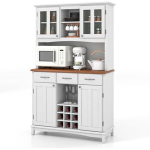 Armario Alacena De Cocina, Aparador Comedor Con Vitrina De Vidrio Templado, Porta Botellas De Vino, Estantes Ajustables, Moderno Armario De Pie Con 3 Cajones Y Estantes Abiertos - Costway Armario Alacena De Cocina, Aparador Comedor Con Vitrina De Vidrio Templado, Porta Botellas De Vino, Estantes Ajustables, Moderno Armario De Pie Con 3 Cajones Y Estantes Abiertos - Costway