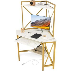 Costway - Escritorio Para Computadora Con Estantes, Escritorio De Esquina Ahorra Espacio Con Bandeja Para Teclado, Mesa Triangular Para Oficina Con Marco De Metal Para Hogar Oficina (blanco + Dorado) Costway - Escritorio Para Computadora Con Estantes, Escritorio De Esquina Ahorra Espacio Con Bandeja Para Teclado, Mesa Triangular Para Oficina Con Marco De Metal Para Hogar Oficina (blanco + Dorado)