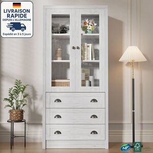 Modfu - Vitrina De Salón 80x34x171 Cm Blanco + Gris Claro Mate Con Dos Puertas Y Tres Cajones - Con Puerta De Cristal - Tirador Cobre - Escandinavo Modfu - Vitrina De Salón 80x34x171 Cm Blanco + Gris Claro Mate Con Dos Puertas Y Tres Cajones - Con Puerta De Cristal - Tirador Cobre - Escandinavo