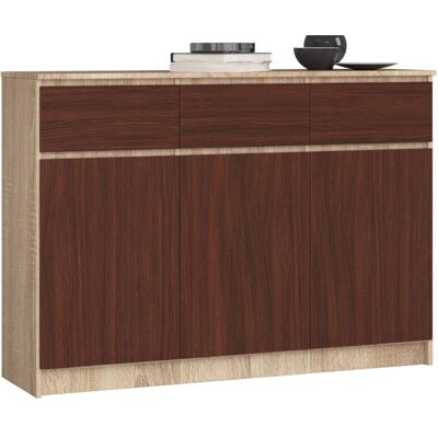 Cómoda Akord K140 Roble Sonoma 138 Cm 3 Puertas 3 Cajones Frente En Color Wenge 6 Estantes 138x40x99 Cm Cómoda Akord K140 Roble Sonoma 138 Cm 3 Puertas 3 Cajones Frente En Color Wenge 6 Estantes 138x40x99 Cm
