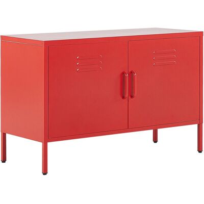 BELIANI Aparador De Metal Rojo 100 X 40 Cm 2 Puertas Estantes Protectores Patas Uria BELIANI Aparador De Metal Rojo 100 X 40 Cm 2 Puertas Estantes Protectores Patas Uria