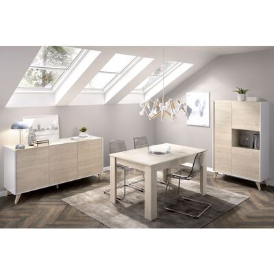 OEM Composición De Salón Comedor Con Mesa Extensible + Aparador Alto + Aparador 3 Puertas, Blanco Y Roble Natural - Ness 4 OEM Composición De Salón Comedor Con Mesa Extensible + Aparador Alto + Aparador 3 Puertas, Blanco Y Roble Natural - Ness 4
