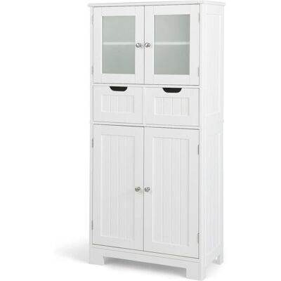 Armario De Almacenamiento De Piso Con 4 Puertas, Gabinete De Baño Independiente Con 2 Puertas De Vidrio, 2 Cajones Y Estantes Ajustables, Organizador Multifuncional Para Cocina, Sala De Estar - Costway Armario De Almacenamiento De Piso Con 4 Puertas, Gabinete De Baño Independiente Con 2 Puertas De Vidrio, 2 Cajones Y Estantes Ajustables, Organizador Multifuncional Para Cocina, Sala De Estar - Costway