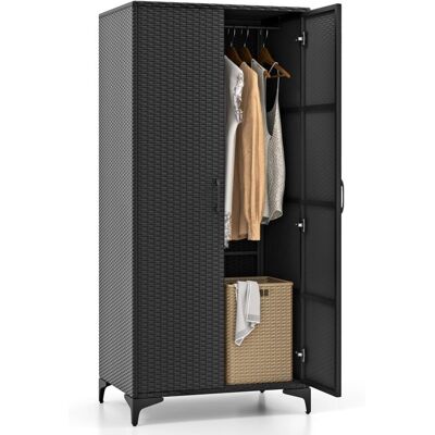 Armario Dormitorio De Mimbre Con 2 Puertas, Armario Alto De Ratan Con Barra Para Colgar Y 4 Cubos De Almacenamiento, Organizador De Ropa Para Dormitorio Patio Garaje, 72x50x157cm (negro) - Costway Armario Dormitorio De Mimbre Con 2 Puertas, Armario Alto De Ratan Con Barra Para Colgar Y 4 Cubos De Almacenamiento, Organizador De Ropa Para Dormitorio Patio Garaje, 72x50x157cm (negro) - Costway