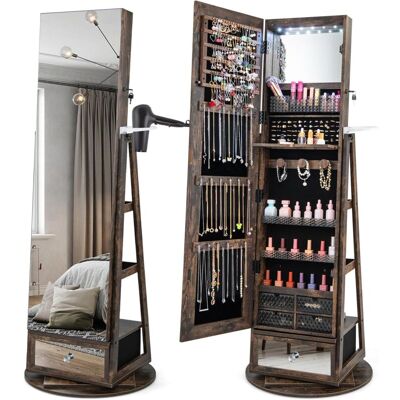Costway Armario de Joyas Giratorio con Espejo LED - Almacenamiento de Joyería Costway Armario de Joyas Giratorio con Espejo LED - Almacenamiento de Joyería