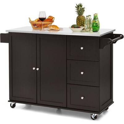 Carrito De Cocina, Carrito De Servicio Móvil Con 3 Cajones, Carrito De Isla De Cocina Con Encimera De Acero Inoxidable, Armario De 2 Puertas, Toallero Y Especiero (marrón) - Costway Carrito De Cocina, Carrito De Servicio Móvil Con 3 Cajones, Carrito De Isla De Cocina Con Encimera De Acero Inoxidable, Armario De 2 Puertas, Toallero Y Especiero (marrón) - Costway