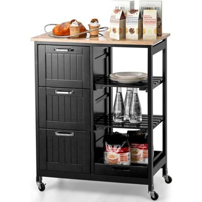 Carrito De Cocina Con Ruedas Bloqueables, Carrito De Servicio Multiuso Con 2 Estantes De Almacenamiento Abiertos Y 3 Cajones, Bandeja Extraíble, Carro Auxiliar De Madera (negro) - Costway Carrito De Cocina Con Ruedas Bloqueables, Carrito De Servicio Multiuso Con 2 Estantes De Almacenamiento Abiertos Y 3 Cajones, Bandeja Extraíble, Carro Auxiliar De Madera (negro) - Costway