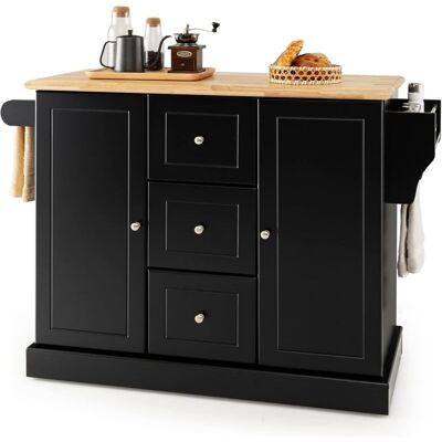 Costway Carro Isla De Cocina Con Toallero, Isla De Cocina Sobre Ruedas Con Encimera De Madera De Caucho, 3 Cajones, 2 Armarios Cerrados Con Estantes Ajustables, Toallero Lateral Y Especiero (negro) Costway Carro Isla De Cocina Con Toallero, Isla De Cocina Sobre Ruedas Con Encimera De Madera De Caucho, 3 Cajones, 2 Armarios Cerrados Con Estantes Ajustables, Toallero Lateral Y Especiero (negro)