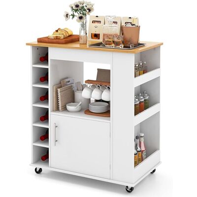 Costway Carro Isla De Cocina Con Toallero, Isla De Cocina Sobre Ruedas Con Tapa De Bambú, Estantes Ajustables Para 6 Botellas De Vino, Estante Para Especias Para Comedor Costway Carro Isla De Cocina Con Toallero, Isla De Cocina Sobre Ruedas Con Tapa De Bambú, Estantes Ajustables Para 6 Botellas De Vino, Estante Para Especias Para Comedor