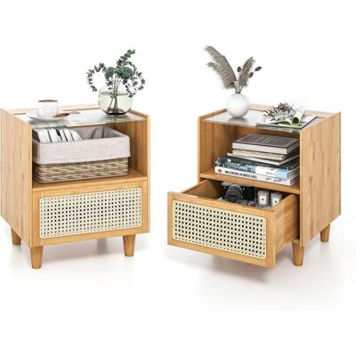 Costway - 2 Mesitas De Noche De Ratán, 2 Estantes Y 1 Cajón, Mesa Auxiliar Boho Con Cajón Y Patas De Madera Maciza, Mesitas De Noche Dormitorio, 43 X 35 X 50 Cm Costway - 2 Mesitas De Noche De Ratán, 2 Estantes Y 1 Cajón, Mesa Auxiliar Boho Con Cajón Y Patas De Madera Maciza, Mesitas De Noche Dormitorio, 43 X 35 X 50 Cm