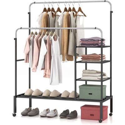 Costway - Perchero Burro De 2 Barras, Burro Ropa Con Ruedas Bloqueables, Altura Ajustable, Estantes De Almacenamiento, Perchero Portátil De Acero Para Interiores Y Exteriores (negro+plata) Costway - Perchero Burro De 2 Barras, Burro Ropa Con Ruedas Bloqueables, Altura Ajustable, Estantes De Almacenamiento, Perchero Portátil De Acero Para Interiores Y Exteriores (negro+plata)