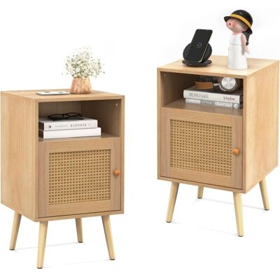 Costway - Set De 2 Mesita De Noche De Ratán, Mesa Auxiliar Con Estante Abierto Y Puerta Decorada De Ratán Pe, Patas De Madera Maciza, Mesilla De Noche De Estilo Granja Para Dormitorio, Sala De Estar Costway - Set De 2 Mesita De Noche De Ratán, Mesa Auxiliar Con Estante Abierto Y Puerta Decorada De Ratán Pe, Patas De Madera Maciza, Mesilla De Noche De Estilo Granja Para Dormitorio, Sala De Estar