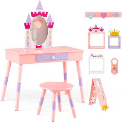 Conjunto de tocador de maquillaje para niños COSTWAY - Tema princesa con espejo y almacenamiento Conjunto de tocador de maquillaje para niños COSTWAY - Tema princesa con espejo y almacenamiento
