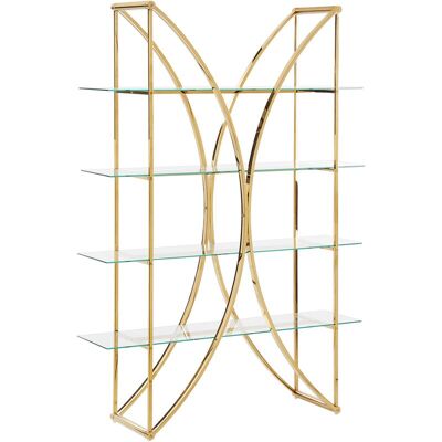 BELIANI Librería De Acero De 4 Niveles Con Estantes De Cristal Estilo Glamuroso Con Estructura Dorada Hollow BELIANI Librería De Acero De 4 Niveles Con Estantes De Cristal Estilo Glamuroso Con Estructura Dorada Hollow