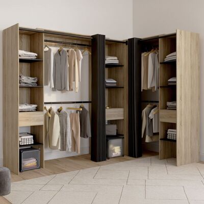 IDMARKET Marlon 230 X 140 X 180 Cm Armario Rinconero De Haya Con Armarios + Estantes + Cortinas Negras IDMARKET Marlon 230 X 140 X 180 Cm Armario Rinconero De Haya Con Armarios + Estantes + Cortinas Negras