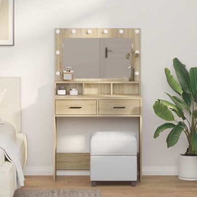 Mesita de maquillaje con luces LED en roble Sonoma - Mesita de tocador Mesita de maquillaje con luces LED en roble Sonoma - Mesita de tocador