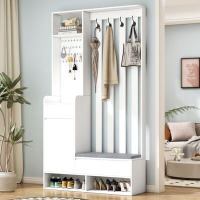 DREAMMESPACE Vestíbulo Multifuncional - 100 X 35 X 180 Cm - Con Banco Acolchado, Zapatero Y Panel Perforado - Moderno - Blanco DREAMMESPACE Vestíbulo Multifuncional - 100 X 35 X 180 Cm - Con Banco Acolchado, Zapatero Y Panel Perforado - Moderno - Blanco